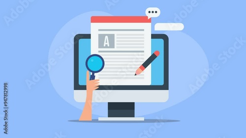 Content research and writing, online blog article publish on internet, web content on pc screen, engaging user conceptual video animation.