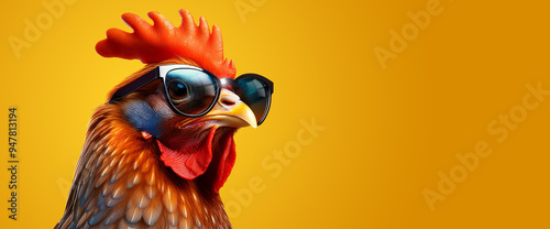 Portrait of handsome rooster with cool attitude wearing black dark sunglasses isolated on yellow-orange background with copy space. Funny fashionable animal ready for summer vacation. Generative Ai.