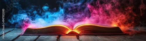 Glowing neon book with pages lit up, surrounded by colorful smoke on a wooden surface