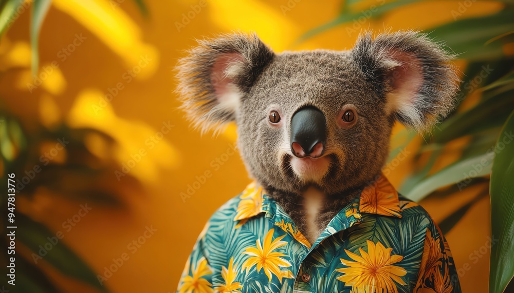 Koala in a Hawaiian shirt, looking cheerful against a bright yellow background, ready for a tropical day Koala in a Hawaiian shirt, looking cheerful against a bright yellow background, ready for a tropical day