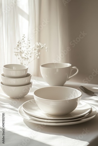 Wallpaper Mural Elegant Minimalist White Ceramic Dinnerware Set on Sunlit Table with Soft Shadows Torontodigital.ca