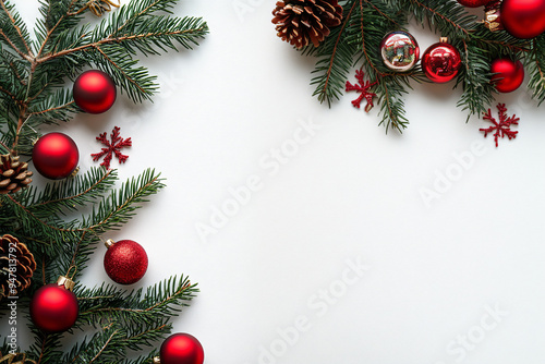 White background with Christmas ornaments. Christmas greeting card