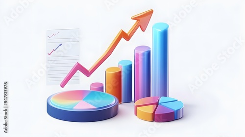 Wallpaper Mural 
lying composition 3d icon, UI icon, a chart icon, bar chart has a rising arrow on it, bar chart, pie chart, a rising arrow, frosted glass, transparent, white background, transparent technology sense Torontodigital.ca