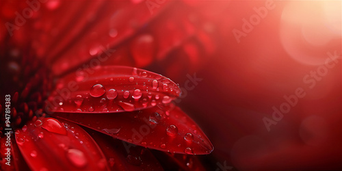 Droplets on red flower petal in close up, version 2