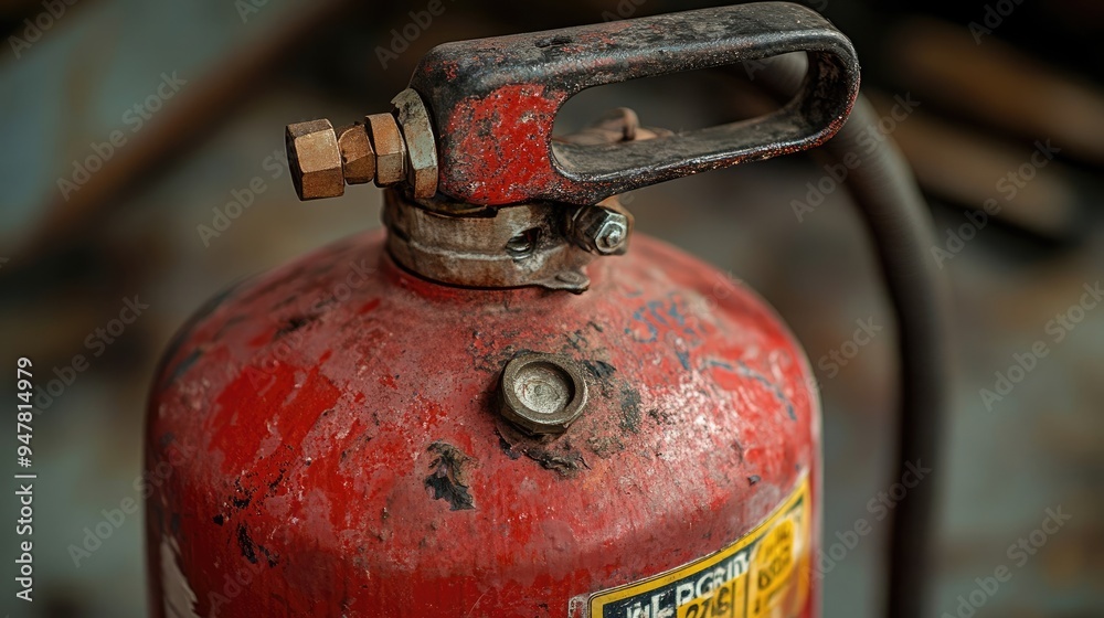 Worn-Out Fire Extinguisher with Dents, Symbol of Past Use Worn-Out Fire Extinguisher with Dents, Symbol of Past Use