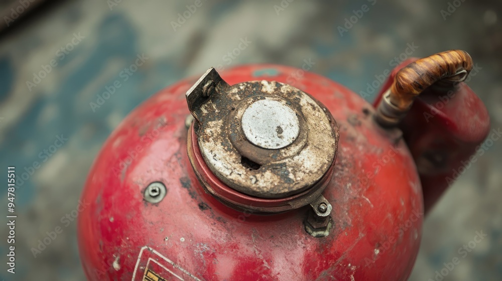 Worn-Out Fire Extinguisher with Dents, Symbol of Past Use Worn-Out Fire Extinguisher with Dents, Symbol of Past Use