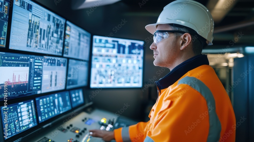 A focused engineer in safety gear monitoring multiple screens in a control room, ensuring smooth operations and safety compliance. A focused engineer in safety gear monitoring multiple screens in a control room, ensuring smooth operations and safety compliance.
