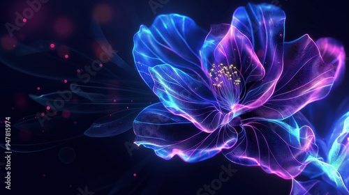Digital neon flower. Futuristic wireframe glowing blossom on black background. Abstract cyber hologram of plant. Fantasy and technology blend in a stunning visual