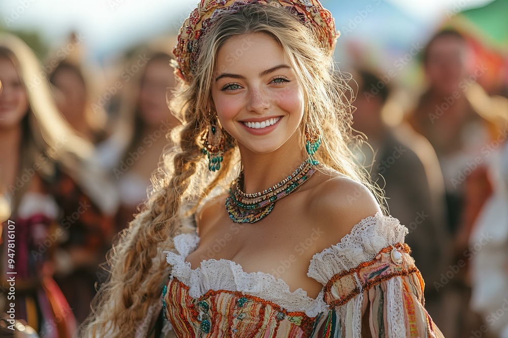 Smiling woman in floral crown festival Festive costumes and performances during Oktoberfest Germany Smiling woman in floral crown festival Festive costumes and performances during Oktoberfest Germany