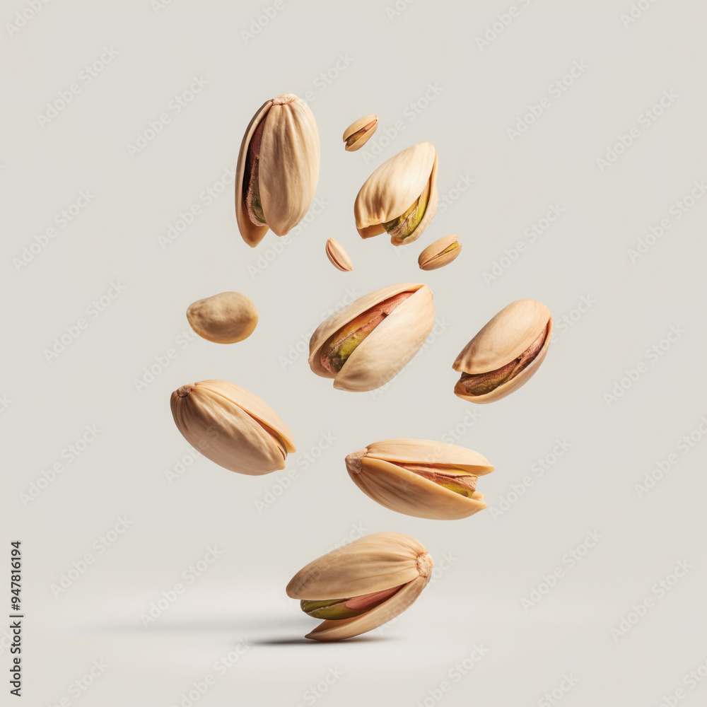 Pistachio nuts isolated flying and falling in air. Fly of realistic green pistachios in shell. Healthy snack. Food product package or advertising poster Pistachio nuts isolated flying and falling in air. Fly of realistic green pistachios in shell. Healthy snack. Food product package or advertising poster