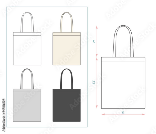 Hand drawn vector illustration of blank tote bag on white background. Template fabric bag. Canvas shopping bags. Mock up. Editable colors. Editable background.