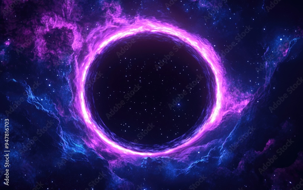Slowly rotating black hole in space rendered in 3D cartoon style featuring the event horizon Slowly rotating black hole in space rendered in 3D cartoon style featuring the event horizon