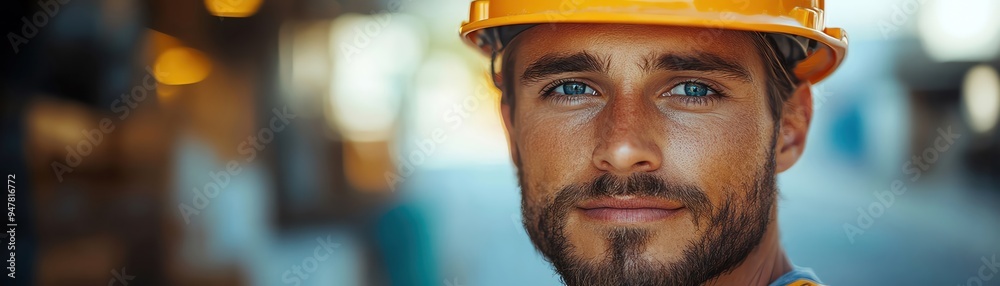 Young construction worker in a hard hat working at a building site, sunny day, and determined look Young construction worker in a hard hat working at a building site, sunny day, and determined look
