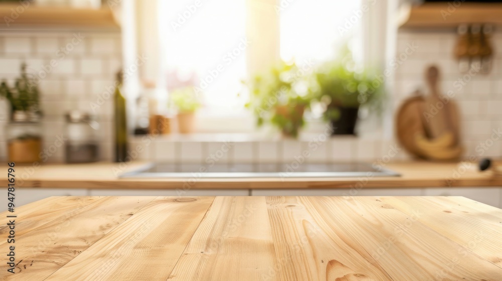 Wooden table in modern kitchen with blurred background. Wood rustic counter for product display, showcasing bright and clean interior design, ideal for cooking and home lifestyle Wooden table in modern kitchen with blurred background. Wood rustic counter for product display, showcasing bright and clean interior design, ideal for cooking and home lifestyle
