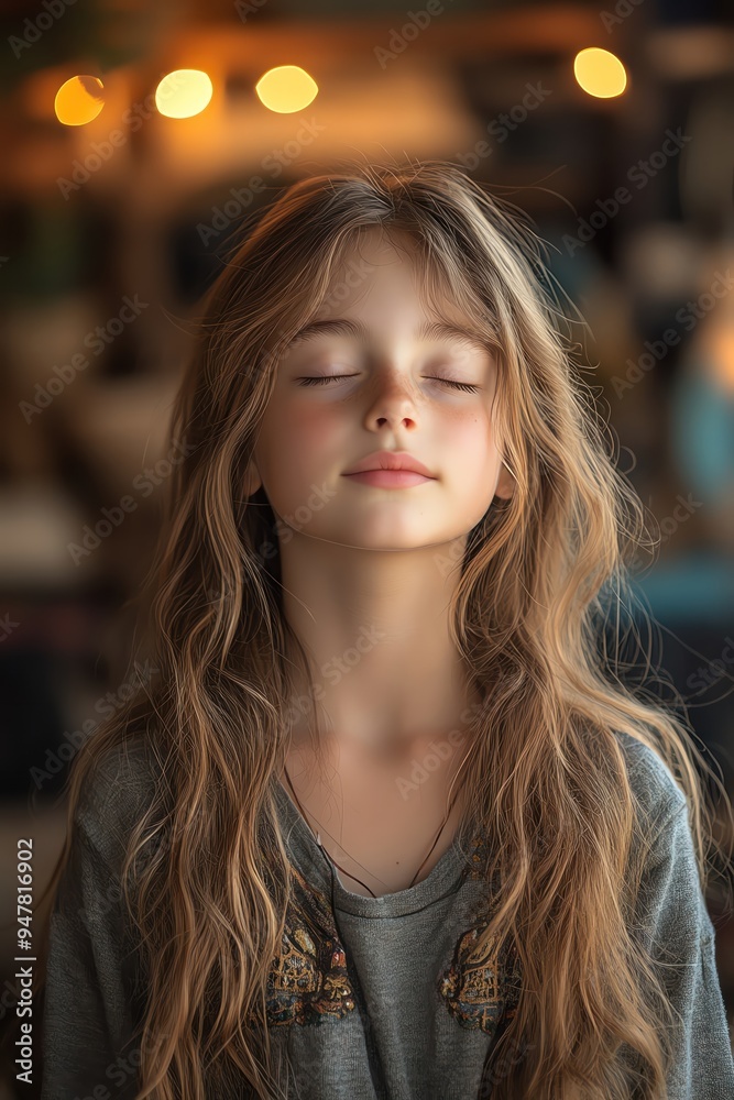 Young girl meditating in a cozy room, warm ambient light, calm and focused expression Young girl meditating in a cozy room, warm ambient light, calm and focused expression