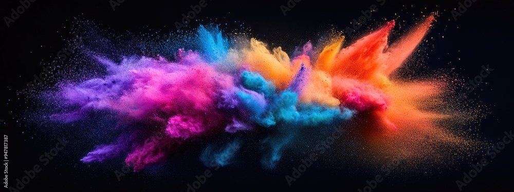 Powder explosion depicted in a 3D cartoon style against a black background showcasing a vibrant cloud of colorful dust Holi paint effect Powder explosion depicted in a 3D cartoon style against a black background showcasing a vibrant cloud of colorful dust Holi paint effect