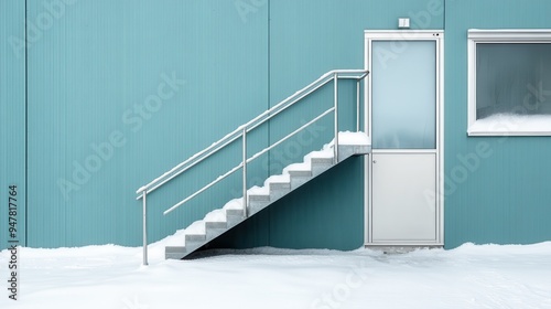 A simple snow-covered metal staircase leads to a side entrance of a teal-colored building, representing the calm and quiet of a winter day and the warmth inside. photo