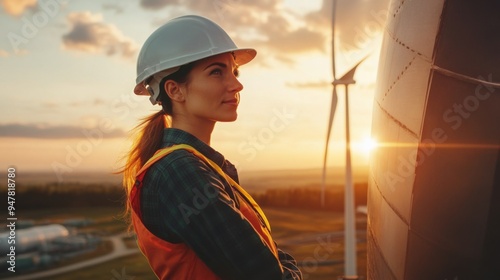 Wallpaper Mural A confident woman engineer observes a wind turbine at sunset, embodying innovation and sustainability in renewable energy. Torontodigital.ca