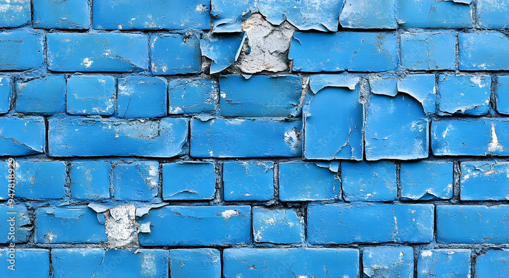 A Seamless Pattern of Blue Bricks with Some Peeling Paint
