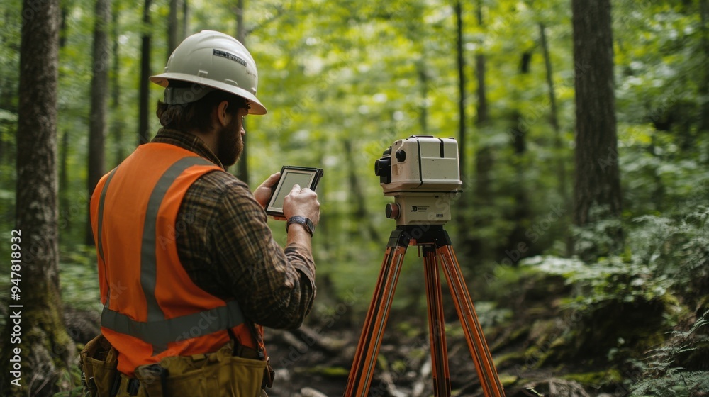 Surveyor using a high-tech instrument to measure land in a lush forest environment, showcasing modern surveying techniques. Surveyor using a high-tech instrument to measure land in a lush forest environment, showcasing modern surveying techniques.