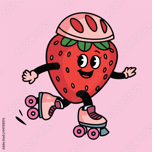 Strawberry Character Roller Skating Illustration