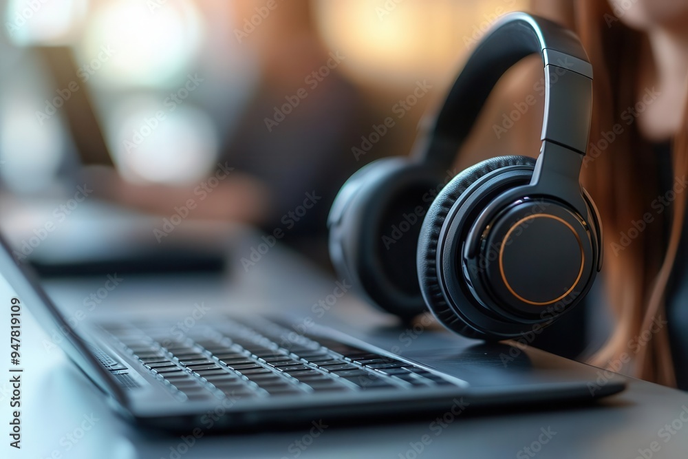 modern communication hub sleek voip headset resting on minimalist laptop keyboard symbolizing remote work customer support and digital connectivity modern communication hub sleek voip headset resting on minimalist laptop keyboard symbolizing remote work customer support and digital connectivity
