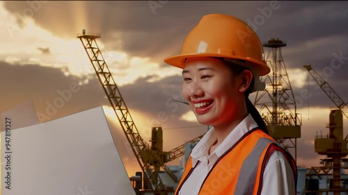 Close Up Side View Of Asian Female Engineer With Safety Helmet Looking At Blueprint In Her Hands And Looking Around While Standing With Hydrogen Production photo