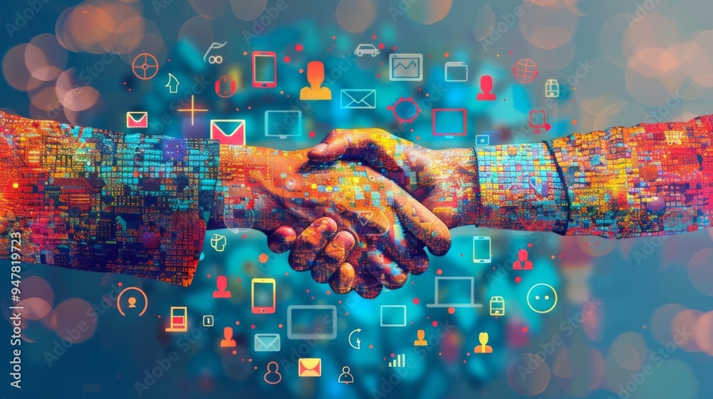 © laliz - Entrepreneurial Unity Vibrant Mosaic Handshake Embracing Startup Success