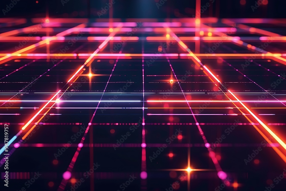 Neon grid, intersecting lines and shapes, vibrant and futuristic composition, evokes technology and modernity, glowing edges and dark background