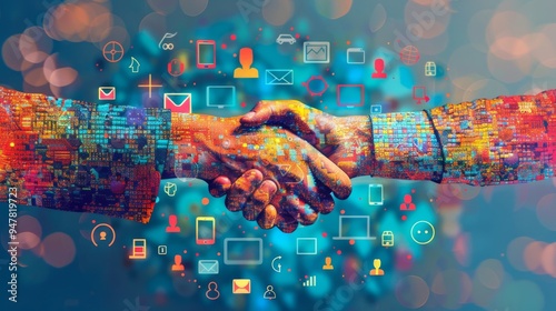 Entrepreneurial Unity Vibrant Mosaic Handshake Embracing Startup Success
