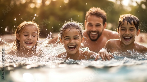 Family enjoying a swim on a summer day, splashing water, joyful faces