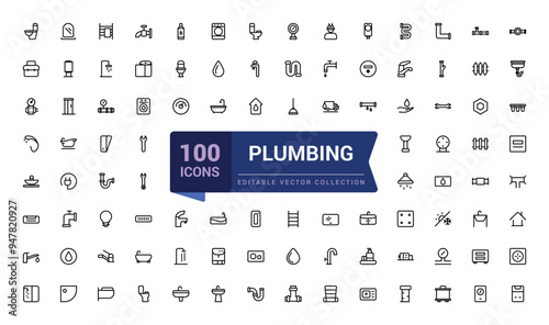 Set of plumbing outline icons related to energy, gas, water. Pixel perfect, minimalistic web and UI icon. Outline icon collections. Editable vector illustration.