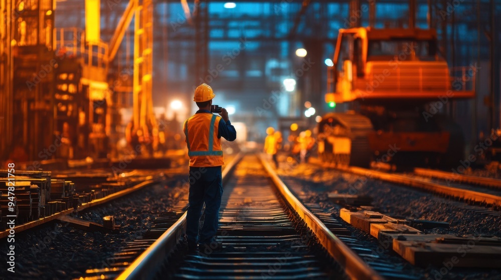 custom made wallpaper toronto digitalA worker inspects railway tracks in a dimly lit construction area, highlighting the blend of safety and industry.