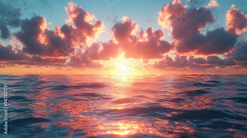 3d render abstract landscape backgroun3d seascape sunset golden sunlight an3d clouds above the calm water