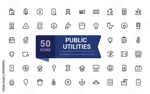 Set of public utilities outline icons. Related to energy, gas, water. Linear icon collection. Pixel perfect, minimalistic web and UI icon. Outline icon collections.