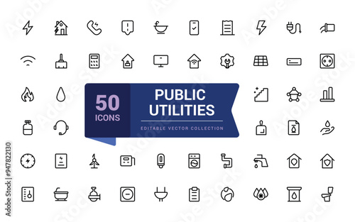 Set of public utilities outline icons. Related to energy, gas, water. Linear icon collection. Pixel perfect, minimalistic web and UI icon. Outline icon collections.