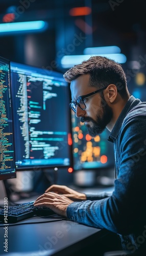 Focused Software Developer Working Late, Programming, Technology, Cybersecurity Concept.
