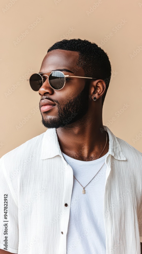 Obraz premium A casually dressed African American man stands confidently, wearing sunglasses and enjoying a warm summer day
