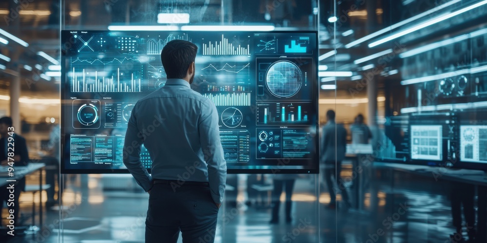 A professional observing data analytics on a large screen in a modern office, demonstrating technology in a corporate environment. A professional observing data analytics on a large screen in a modern office, demonstrating technology in a corporate environment.
