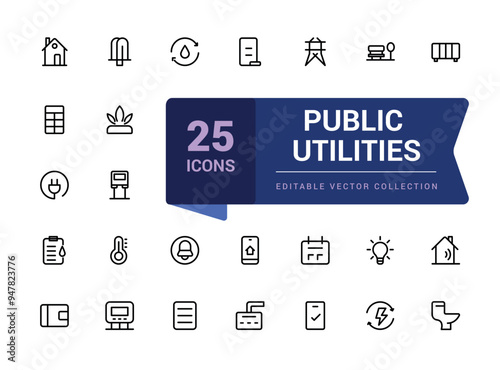 Set of public utilities outline icons. Related to energy, gas, water. Linear icon collection. Pixel perfect, minimalistic web and UI icon. Outline icon collections.