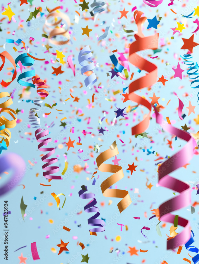Fototapeta premium A colorful explosion of confetti and streamers with a blue sky background
