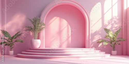 Pink Minimalist Stage with Plants and Arch