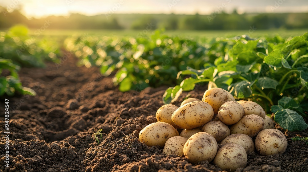 Freshly harvested potatoes in the soil, surrounded by vibrant green plants, capturing the essence of rural agriculture at sunset. Freshly harvested potatoes in the soil, surrounded by vibrant green plants, capturing the essence of rural agriculture at sunset.