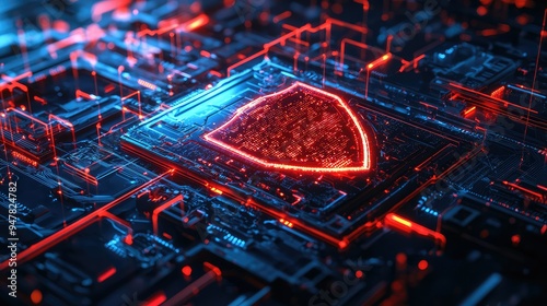 Futuristic digital shield on a circuit board symbolizes cybersecurity and data protection in a colorful technological landscape.