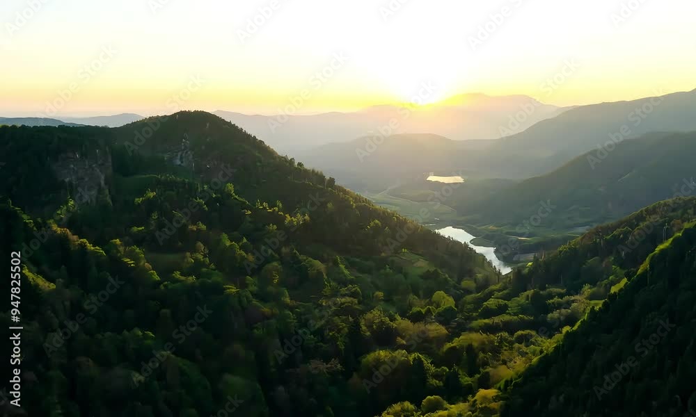 Golden Hour over Lush Mountain Valley and Winding River Golden Hour over Lush Mountain Valley and Winding River