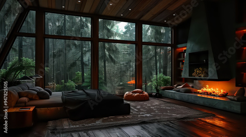 A warm cabin living area features a glowing fireplace and soft furnishings, surrounded by large windows revealing a forest in the rain. photo