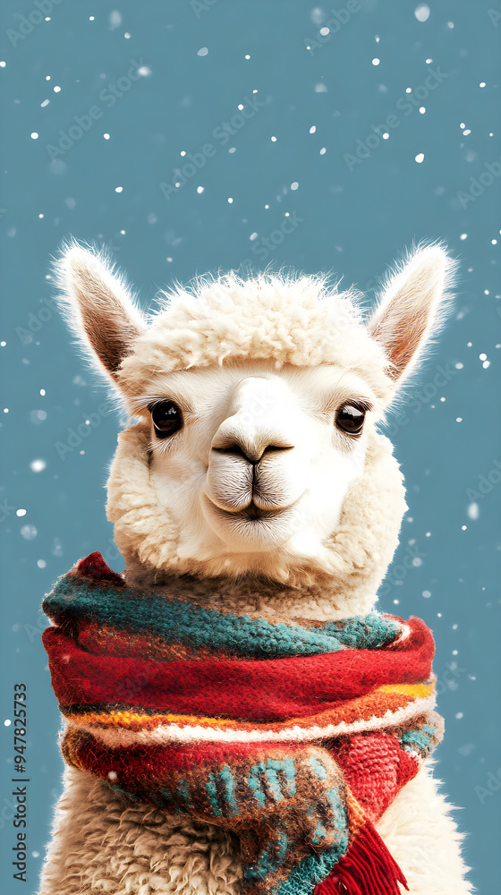 A cozy alpaca wrapped in a warm scarf smiles gently against a snowy blue backdrop radiating warmth and charm A cozy alpaca wrapped in a warm scarf smiles gently against a snowy blue backdrop radiating warmth and charm