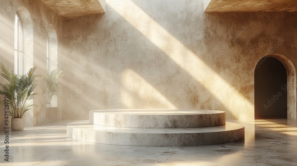 Fototapeta premium 3d render abstract monochrome beige backgroun3d modern minimal showcase scene with empty podium an3d sunlight rays for premium product presentation