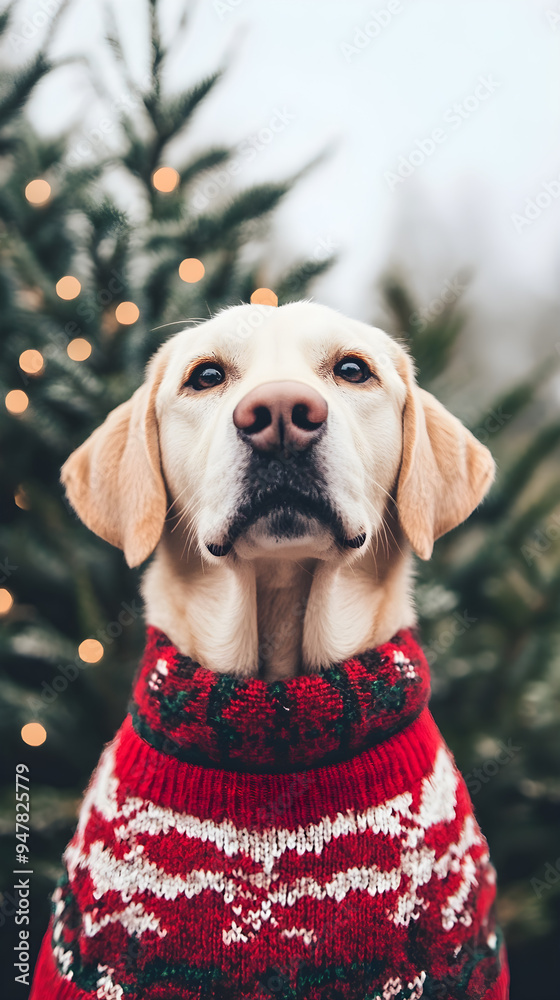 A cute dog in a red Christmas sweater stands against a backdrop of greenery and soft lights, exuding warmth and holiday spirit A cute dog in a red Christmas sweater stands against a backdrop of greenery and soft lights, exuding warmth and holiday spirit