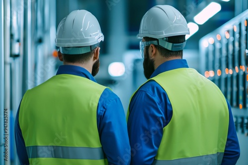 Two engineers in safety gear observe machinery, ensuring efficient operation in an industrial environment.